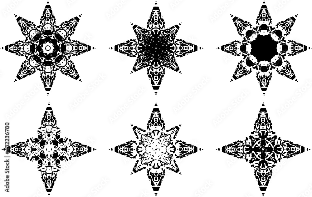Black and white star elements for holidays and events. Filigree detailed star symbols for tattoos, backgrounds and textures, cards, emblems, prints on T-shirts, wallpaper, textiles, embroidery, etc.