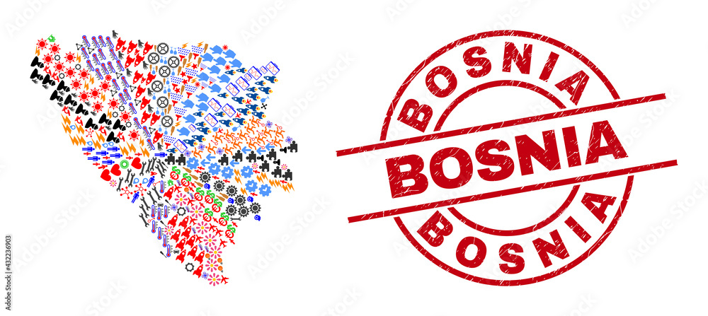 Bosnia and Herzegovina map mosaic and dirty Bosnia red circle badge. Bosnia stamp uses vector lines and arcs. Bosnia and Herzegovina map mosaic contains gears, houses, lamps, suns, wine glasses, Bosnia and Herzegovina map mosaic and dirty Bosnia red circle badge. Bosnia stamp uses vector lines and arcs. Bosnia and Herzegovina map mosaic contains gears, houses, lamps, suns, wine glasses,