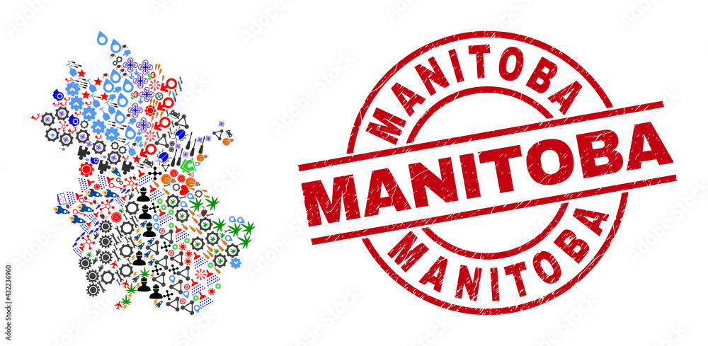 Anhui Province map collage and distress Manitoba red circle stamp imitation. Manitoba stamp uses vector lines and arcs. Anhui Province map collage contains gears, houses, screwdrivers, suns, stars, Anhui Province map collage and distress Manitoba red circle stamp imitation. Manitoba stamp uses vector lines and arcs. Anhui Province map collage contains gears, houses, screwdrivers, suns, stars,
