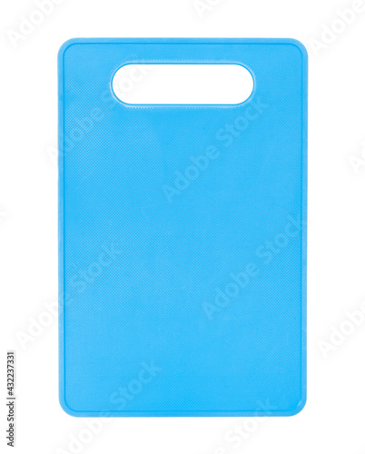 Blue plastic cutting board isolated on white.