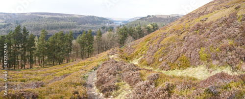 Panoramic view looking towards Howden Dam between the Upper Derwent and Howden reservoirs, with a footpath leading down into the valley and the Peak District moorland countryside in the foreground.