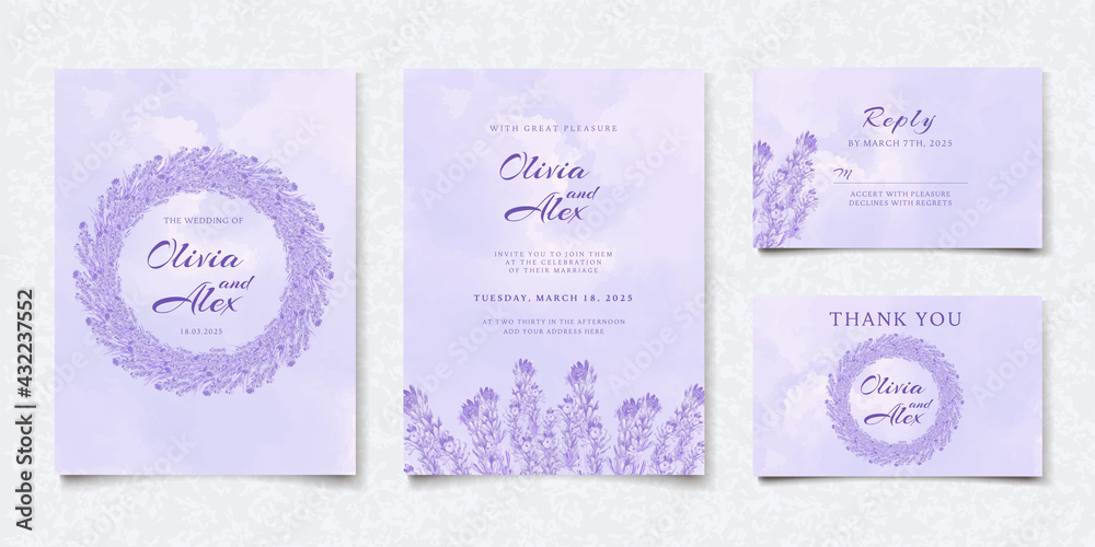 Watercolor purple floral wedding invitation card - obrazy, fototapety, plakaty 