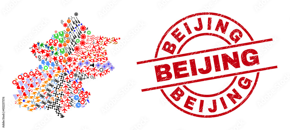 Beijing City map collage and textured Beijing red round seal. Beijing seal uses vector lines and arcs. Beijing City map collage contains markers, homes, wrenches, suns, men, and more pictograms. Beijing City map collage and textured Beijing red round seal. Beijing seal uses vector lines and arcs. Beijing City map collage contains markers, homes, wrenches, suns, men, and more pictograms.