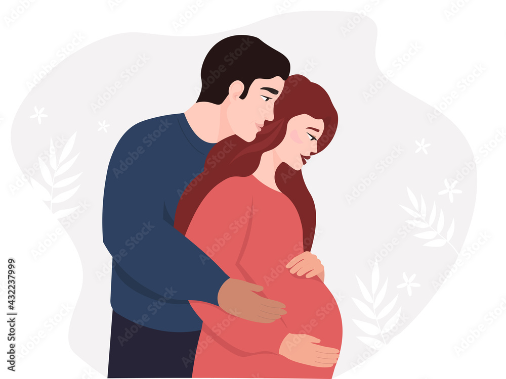 Happy family, parents. A pregnant woman with a large belly with the future father of the child is waiting for birth. The concept of motherhood, fatherhood, love, care, support. Vector graphics.