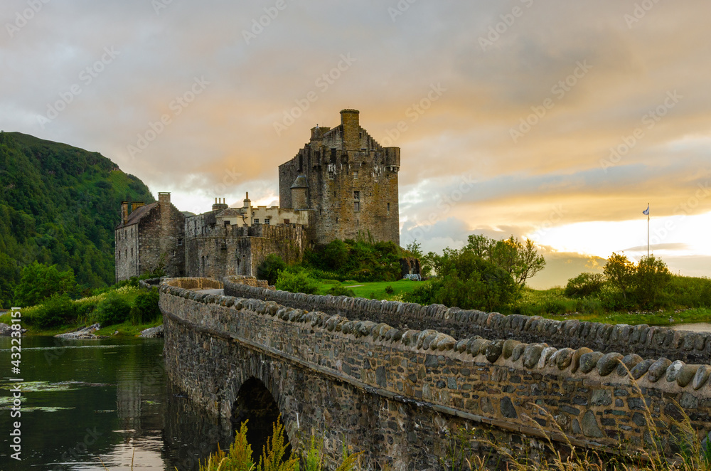 Eilean Donan Castle in Scotland during sunset