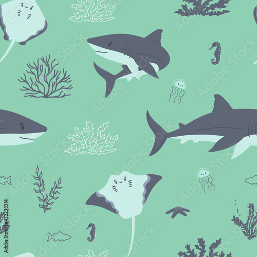 Cute sharks  seahorse  stingray  jellyfish  corals  fish  algae seamless pattern. Vector illustration on aquamarine background  blue colors of underwater tropical ocean and sea animals