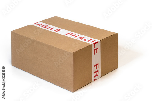 fragile tape cardboard box on white background