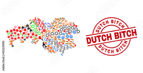 North Brabant Province map mosaic and scratched Dutch Bitch red round stamp. Dutch Bitch stamp uses vector lines and arcs. North Brabant Province map mosaic includes markers, homes, wrenches, suns,
