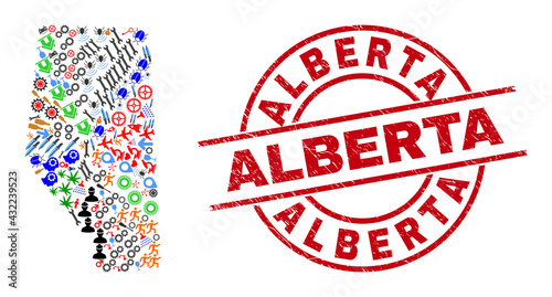 Alberta Province map collage and textured Alberta red circle badge. Alberta seal uses vector lines and arcs. Alberta Province map collage includes gears, homes, wrenches, suns, wine glasses,