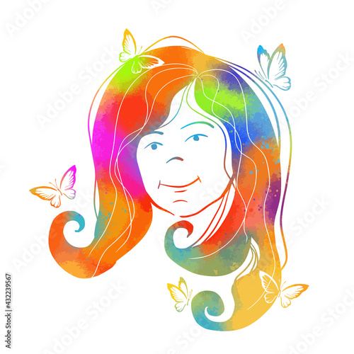 The face of a nice little multicolored girl. Vector illustration