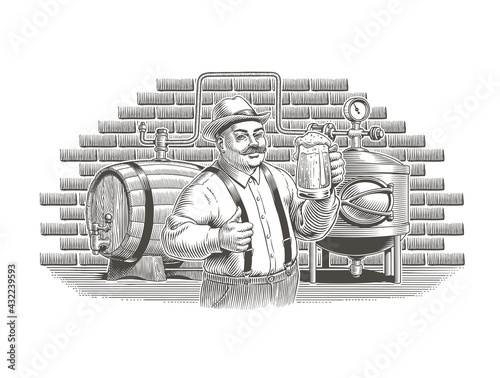 Beer or ale manufacturing vintage engraving style vector illustration. Craft brewery and male brewer. Man holding a beer mug, brew kettle and barrel on background. For label or menu design.