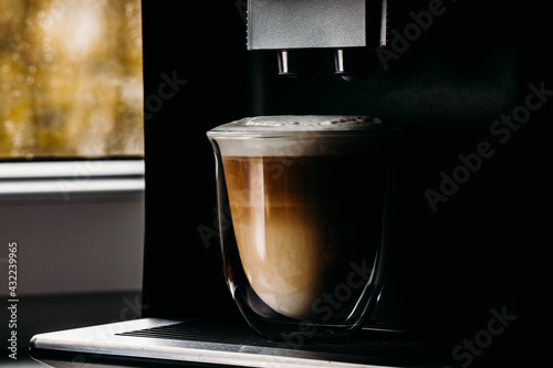 Hot aromatic cappuccino or latte preparation at home in a coffee machine