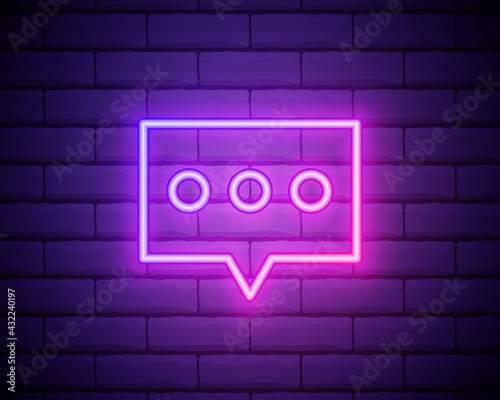 Glowing neon empty speech bubble frame. Rectangle blank speech bubble in neon style on dark brick wall background. Vector illustration.