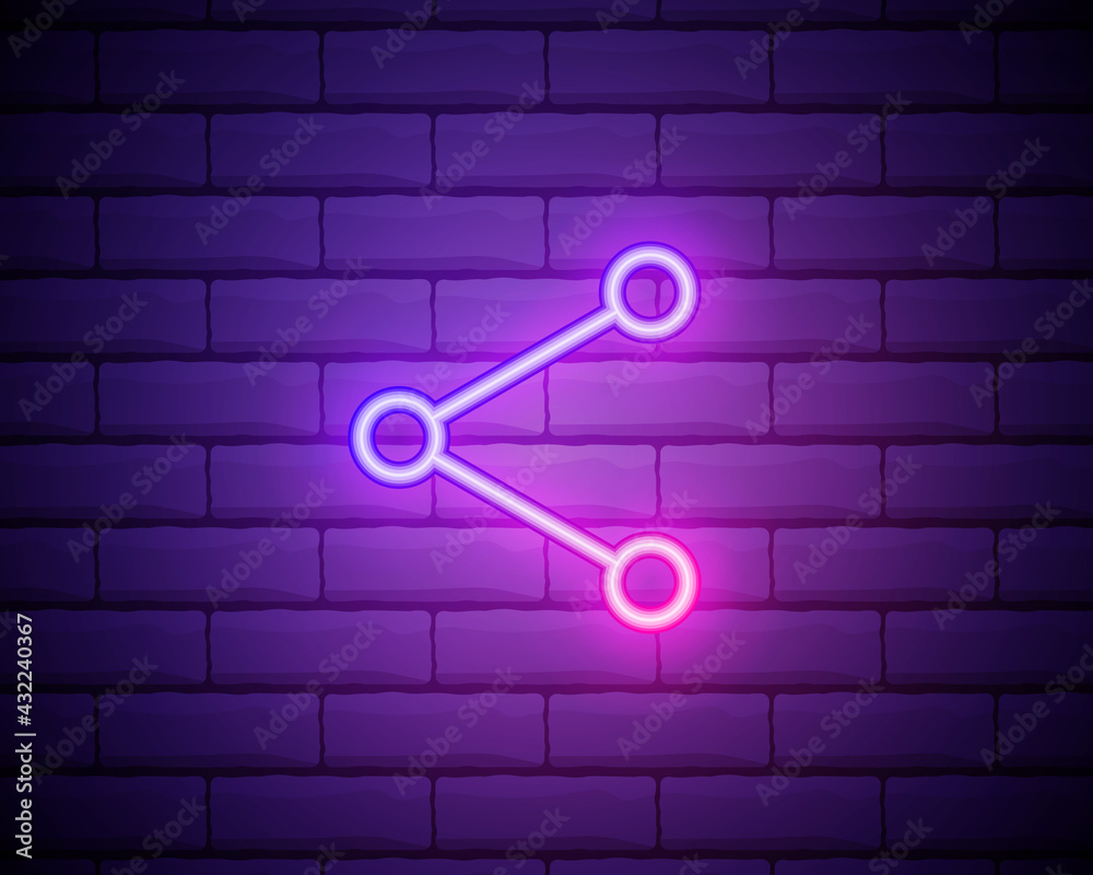 Glowing neon line Share icon isolated on brick wall background. Share, sharing, communication pictogram, social media, connection, network, distribute sign. Colorful outline concept. Vector