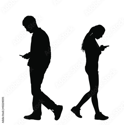 Boy and girl talking and watch on phone, separated with their back to back vector silhouette. Sad breakup couple wait for partners call. Teenagers love trouble conflict, suspicion of fraud adultery.