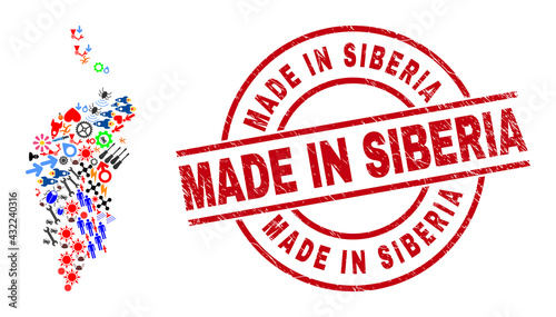 Krasnoyarskiy Kray map mosaic and dirty Made in Siberia red circle badge. Made in Siberia badge uses vector lines and arcs. Krasnoyarskiy Kray map mosaic includes markers, houses, lamps, suns, stars,
