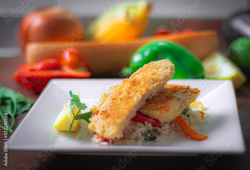 Healthy foods, full of vegetables and delicious flavors presented in white plate with colorful background photo