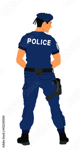 Policeman officer on duty vector illustration isolated on white background. Police man in uniform in patrol on street.  Security service member protect people. Law and order. Against terrorism unit.