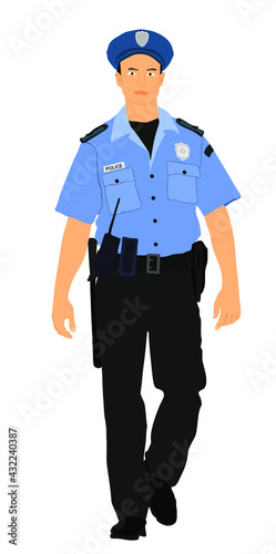Policeman officer on duty vector illustration isolated on white background. Police man in uniform in patrol on street.  Security service member protect people. Law and order. 