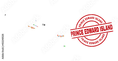Azores Islands map mosaic and rubber Prince Edward Island red round stamp imitation. Prince Edward Island badge uses vector lines and arcs. Azores Islands map mosaic includes helmets, homes, lamps,