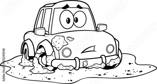 Outlined Funny Car Cartoon Character Stuck Mud Dirty Puddle. Vector Hand Drawn Illustration Isolated On Transparent Background