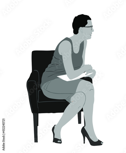Show host woman speaking on tv show event vector illustration. Head announces present news. Announcement of the program. Public speaker lady event presenter sitting in studio and reading papers. 