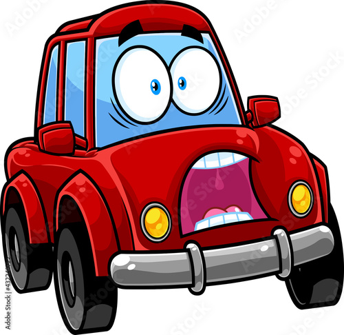 Scared Red Car Cartoon Character. Vector Hand Drawn Illustration Isolated On Transparent Background