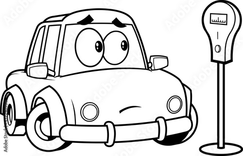 Outlined Sad Car Cartoon Character Looking Parking Meter. Vector Hand Drawn Illustration Isolated On Transparent Background