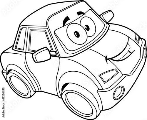 Outlined Smiling Cute Car Cartoon Character. Vector Hand Drawn Illustration Isolated On Transparent Background