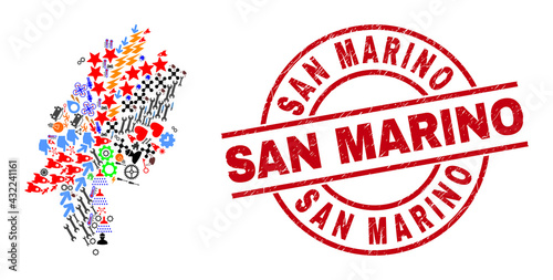 Hesse Land map mosaic and unclean San Marino red circle stamp. San Marino stamp uses vector lines and arcs. Hesse Land map mosaic includes gears, houses, screwdrivers, bugs, people,
