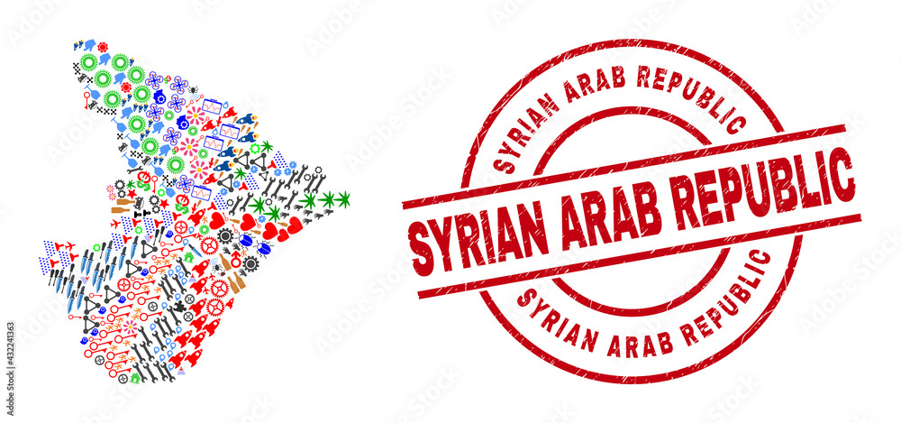 Sergipe State map mosaic and distress Syrian Arab Republic red circle stamp print. Syrian Arab Republic stamp uses vector lines and arcs. Sergipe State map mosaic includes helmets, houses, Sergipe State map mosaic and distress Syrian Arab Republic red circle stamp print. Syrian Arab Republic stamp uses vector lines and arcs. Sergipe State map mosaic includes helmets, houses,