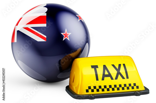 Taxi service in New Zealand concept. Yellow taxi car signboard with New Zealand flag, 3D rendering