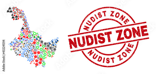Heilongjiang Province map collage and Nudist Zone red circle watermark. Nudist Zone stamp uses vector lines and arcs. Heilongjiang Province map mosaic includes helmets, homes, lamps, suns, men,