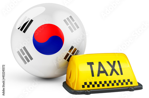 Taxi service in South Korea concept. Yellow taxi car signboard with South Korean flag, 3D rendering