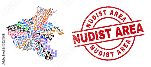 Henan Province map collage and scratched Nudist Area red round badge. Nudist Area badge uses vector lines and arcs. Henan Province map collage contains gears, houses, showers, suns, men,
