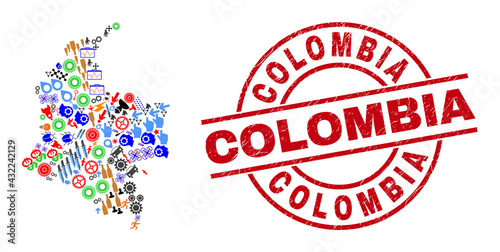 Colombia map mosaic and unclean Colombia red circle stamp print. Colombia stamp uses vector lines and arcs. Colombia map collage contains gears, houses, showers, bugs, wine glasses,