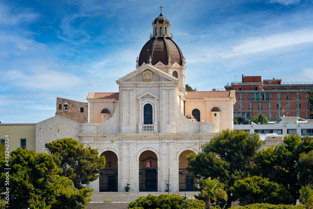 Basilica of Bonaria in neoclassical style in the city of Cagliari. Frontal view of a impressive catalan gothic sanctuary in Sardinia.