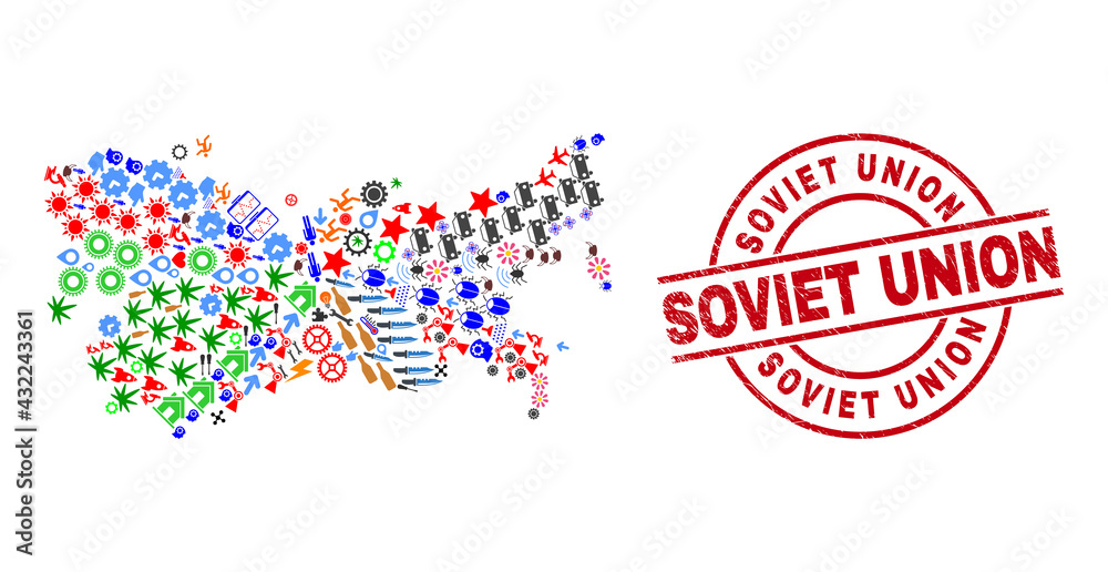Soviet Union map mosaic and textured Soviet Union red circle stamp imitation. Soviet Union stamp uses vector lines and arcs. Soviet Union map mosaic contains markers, houses, lamps, bugs, hands, Soviet Union map mosaic and textured Soviet Union red circle stamp imitation. Soviet Union stamp uses vector lines and arcs. Soviet Union map mosaic contains markers, houses, lamps, bugs, hands,