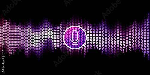 Voice assistant concept. Vector sound wave. Microphone voice control technology, voice and sound recognition. Hi-tech AI assistant voice, background wave flow, equalizer. Vector illustration