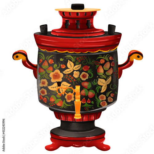 Image of a multi-colored samovar with khokhloma painting, the color of the samovar is black and red in Russian traditions