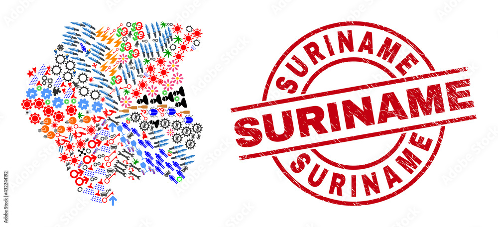 Suriname map collage and Suriname red round stamp seal. Suriname seal uses vector lines and arcs. Suriname map mosaic contains markers, homes, screwdrivers, suns, hands, and more icons. Suriname map collage and Suriname red round stamp seal. Suriname seal uses vector lines and arcs. Suriname map mosaic contains markers, homes, screwdrivers, suns, hands, and more icons.