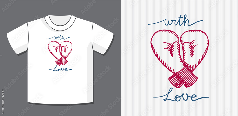 With Love Logo Lettering and Boxing Gloves Heart Shape Composition with Application Example on T-Shirt Vector Template - Blue and Red Elements on White Background - Hand Drawn Design With Love Logo Lettering and Boxing Gloves Heart Shape Composition with Application Example on T-Shirt Vector Template - Blue and Red Elements on White Background - Hand Drawn Design