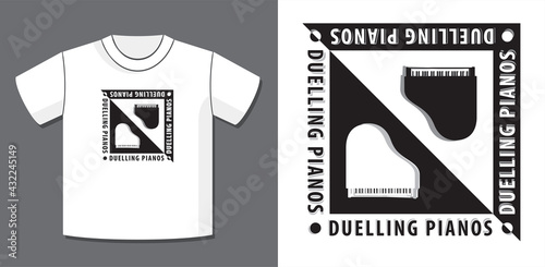 Duelling Pianos Logo Design Composition with Potential Application Example on T-Shirt Template - Black and White Elements on Reverse Background - Retro Misprint Effect Flat Graphic