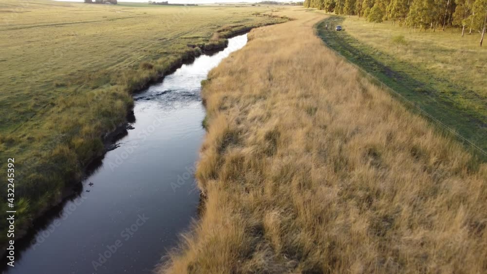 Beautiful aerail drone view, farm and river