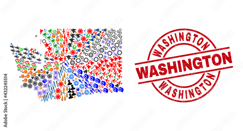 Washington State map collage and grunge Washington red round stamp imitation. Washington stamp uses vector lines and arcs. Washington State map collage includes helmets, homes, showers, bugs, Washington State map collage and grunge Washington red round stamp imitation. Washington stamp uses vector lines and arcs. Washington State map collage includes helmets, homes, showers, bugs,