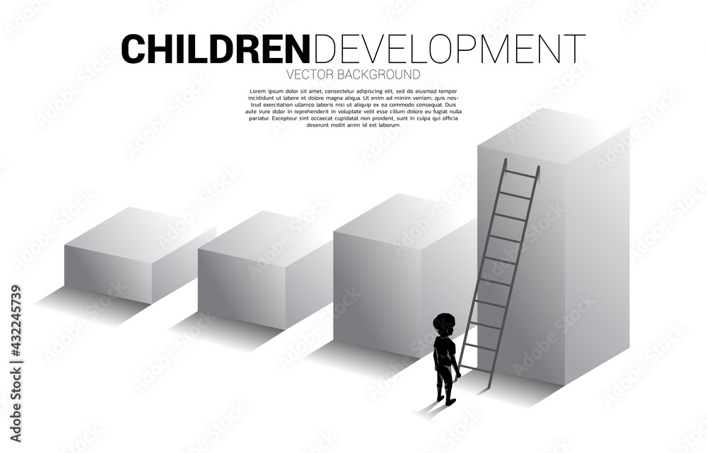 silhouette of boy standing on bar graph with ladder. Concept of children education and learning. silhouette of boy standing on bar graph with ladder. Concept of children education and learning.
