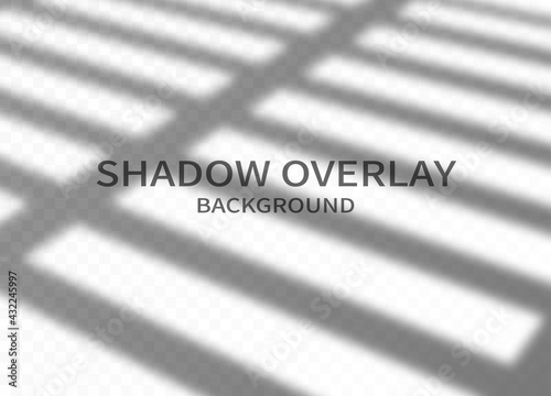 Shadow overlay effect background. Transparent shadow of window jalousie and soft light on transparent background. Vector illustration. Monochrome background for design.