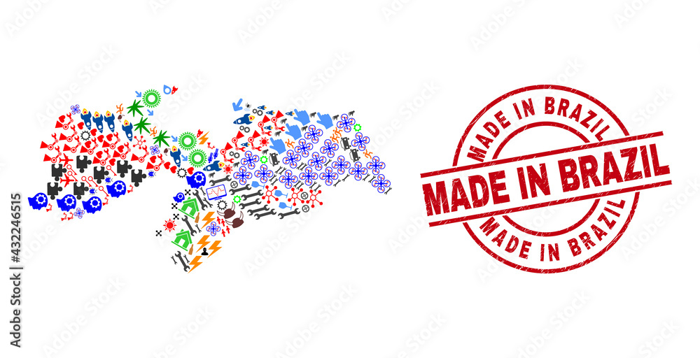 Paraiba State map collage and rubber Made in Brazil red circle seal. Made in Brazil seal uses vector lines and arcs. Paraiba State map collage contains gears, homes, showers, suns, men, Paraiba State map collage and rubber Made in Brazil red circle seal. Made in Brazil seal uses vector lines and arcs. Paraiba State map collage contains gears, homes, showers, suns, men,