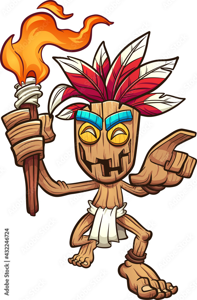 Wooden Tiki character holding a torch. Vector clip art illustration