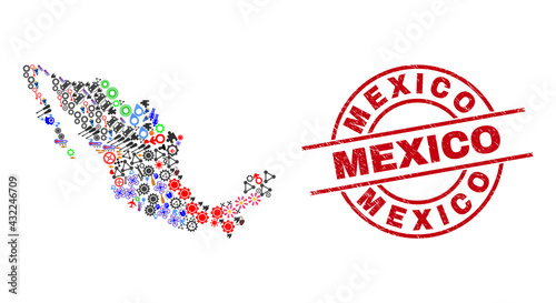 Mexico map collage and distress Mexico red circle stamp imitation. Mexico stamp uses vector lines and arcs. Mexico map collage contains gears, houses, showers, suns, stars, and more pictograms.